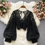 Romildi Autumn Black/White/Brown Sexy Lace Blouse Women Elegant V-Neck Puff Long Sleeve Open Back Short Tops Female Party Blusas