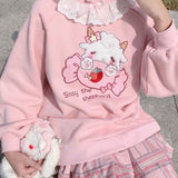 Autumn New Women Lace Neck Cute Hoodies Harajuku Kawaii Sweatshirt Women Pink Pullover Lamb And Candy Embroidery Sudadera