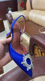 Big Size 41 42 Blue Women Pumps Silk Satin Pointy Toe Rhinestone Crystal High Heels Shoes Slip On Women Wedding Pumps Sandal