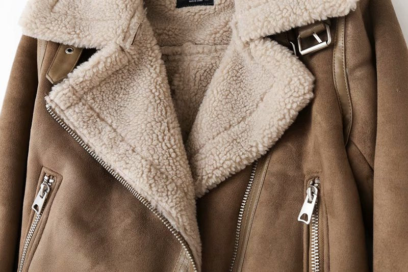 Romildi Winter Women Thick Warm Vintage Suede Lambswool Biker Jackets Coat Sashes Casual Loose Faux Leather Outwear Female