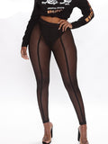 Pure Color Mesh High Waist Slim See Through Pants Leggings Skinny Sexy Streetwear Casual  Women Autumn Winter