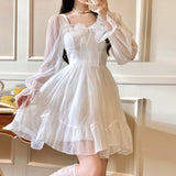 Romildi French Sweet Fairy Lolita Dress Women Long Sleeve Lace Y2k Mini Dress Vintage Kawaii Clothes One Piece Dress Korean