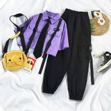 Autumn Streetwear Pants High-Waist Straight Ribbon Cargo Pants Student Loose Short-Sleeved Shirt with Tie two-piece Set