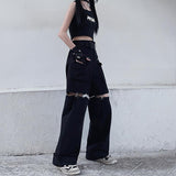Romildi Techwear Gothic Black Cargo Pants Women Streetwear Hollow Out Punk Wide Leg Oversize Pockets Trousers For Female Hip Hop