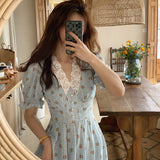 Romildi Vintage Floral Dress Women Elegant Lace Chiffon Korean Party Dress Puff Sleeve V Neck Midi Dress Fall Dresses for Women