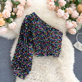 Fall  New Product Oblique Collar T-shirt Strapless Unilateral Puff Sleeve Slim Fit Short Sequined Top HK102 womens clothing
