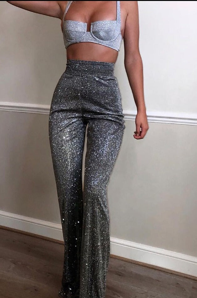 Romildi High Waist Sequin Fall Party Wear Wide Leg Casual Trousers Fashion Loose Glitter Shiny Bell Bottom Pants for Women