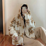 90s Aesthetic Outwear White Kawaii Winter Clothes Women Thick Lamb Wool Bear Coat Oversize Zip Up Hoodies Long Sleeve E-girl Top