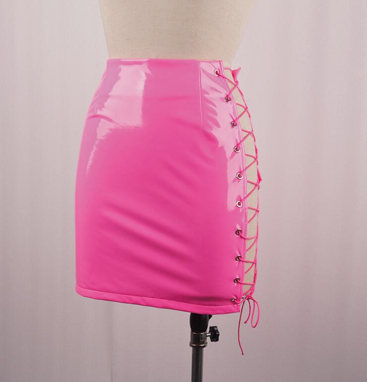 Romildi Sexy Club Female Mini Pencil Skirt Women High Waist Lace Up Neon Green Orange Solid Bodycon Hollow Out Bandage Skirts