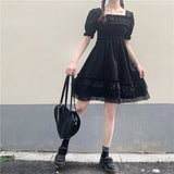 Japanese Lolita Style Women Princess Black Mini Dress Slash Neck High Waist Gothic Dress Puff Sleeve Lace Ruffles Party Dresses