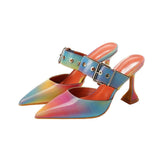 Big Size 35-42 Rainbow Colorful Patent Leather Women Sandals Elegant Pointed Toe Buckle High Heels Wedding Shoes Slingback Pumps