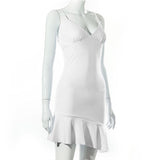 Romildi Elegant V Neck Ruffles Strap Sexy Bodycon Dress For Women  Summer Sleeveless Office Lady Vintage Party White Dress