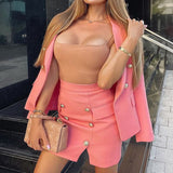 New Solid Color Fashion Long Sleeve Shirt Suit Office Lady Commute Wear Women Short Skirts 2 Pieces Set Women Casual Suit