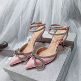 Designer Wedding Shoes Woman Pointed toe Crystal Hih Heel Shoes Ankle Buckle Strap Rhinestone Bowtie Sandal Sexy Party Pump