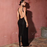 Fashion Sexy O-neck Backless Long Maxi Evening Dresses Women Hollow Out Sleeveless Split Bodycon Party Dress for New Year