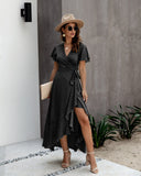 Romildi  Summer Maxi Dress Women Polka Dot Sexy V Neck Ruffles Short Sleeve Holiday Long Beach Sundress Ladies Lace Up Wrap Party Dresses