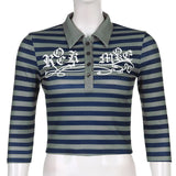 Romildi Goth Print Tops Stripe Cute Y2K T-Shirts Dark Academia Techwear Button Up V Neck Half Sleeve Sweat Shirts Grunge Tees