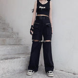 Romildi Techwear Gothic Black Cargo Pants Women Streetwear Hollow Out Punk Wide Leg Oversize Pockets Trousers For Female Hip Hop