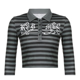 Romildi Goth Print Tops Stripe Cute Y2K T-Shirts Dark Academia Techwear Button Up V Neck Half Sleeve Sweat Shirts Grunge Tees