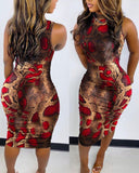 Fashion Women Summer Sleeveless Printed Sexy Slim Pullover O Neck Midi Bodycon Dress Nightclub Party Elegant Evening Dresses