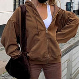 Brown Zip Up Sweatshirt Winter Jacket Clothes oversize y2k Hoodies Women plus size Vintage Pockets Long Sleeve Pullovers