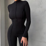 Fall Bright Line Decoration Black Jumpsuit Women One Piece Sexy Club Outfit For Women Long Sleeve White Bodycon Jumpsuit