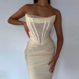 Elegant Corset Bustier Bone Ruched Mesh Midi Dresses Party Night Club Sexy Backless Strapless Summer Dress Bodycon