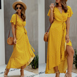 Romildi  Summer Maxi Dress Women Polka Dot Sexy V Neck Ruffles Short Sleeve Holiday Long Beach Sundress Ladies Lace Up Wrap Party Dresses