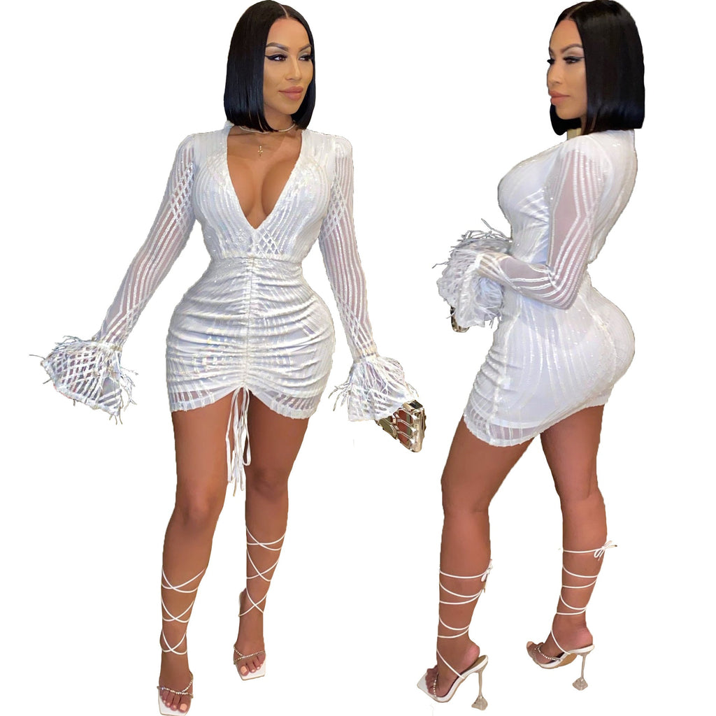 Romildi Internet Celebrity Famous V-neck Long Sleeve White Vestidos Elegantes Sexy Outfits For Woman Evening Night Club Party Dress