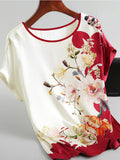 Fashion Floral Print Blouse Pullover Ladies Silk Satin Blouses Plus Size Batwing Sleeve Vintage Print Casual Short Sleeve Tops