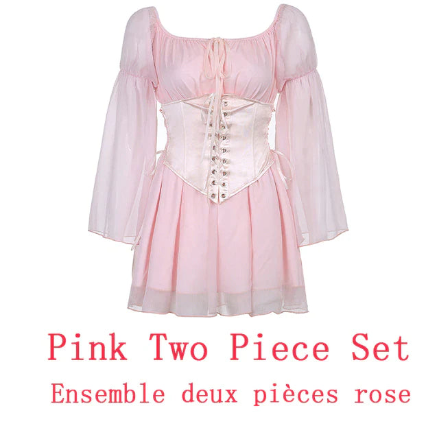 Romildi Chiffon Slash Neck Mini Dress Women Summer Beach Vacation Long Sleeve Corset Bandage Sundress Party Casual Dresses Pink