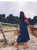 Ethnic Style Cotton and Linen Embroidery V-Neck Lantern Sleeve Dress Autumn Women's Grassland Travel Bohemian Loose Long Dress