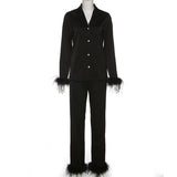 Casual Two Piece Pants Set For Women Black Fleece Fur Long Sleeve Top Shirt And Pantsuit Ladies Fashion Party Suit