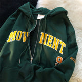 Letter Print Casual Hooded Sweatshirts Women Vintage Simple Streetwear Coats Female Harajuku Loose Y2k Aesthetic Zip Up Hoodies