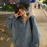 Harajuku Women Sweatshirts Korean Version Oversized Solid Zip Up Hoodies Jacket Retro Long Sleeve Fleece Hooded Sweatshirt Coats