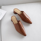 Summer Women Sandals Genuine Leather Shoes for Women Pointed Toe Low Heel Women Sandals Cover Toe Chunky Heel Women's Mules