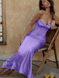 Bodycon Satin Maxi Dress Sexy Long Prom Evening Party Dresses With Glove Purple V Neck Spaghetti Strap Dresses For Women