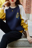 Autumn Winter Color Blocking Printing Letter Sweatshirts Women New Long Sleeve O-collar Plush Thickening All-match Top