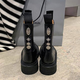 Badge Buckle Leather Boots Women Slip on Chelsea Boots Platform Shoes Fashion Chunky Ankle Boots for Women Shoes Black