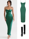 Bodycon Satin Maxi Dress Sexy Long Prom Evening Party Dresses With Glove Purple V Neck Spaghetti Strap Dresses For Women