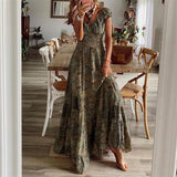 Fashion V-neck Short Sleeve Floral Print Maxi Dress Women  Summer Boho Casual Loose Beach Long Dresses For Women Robe Femme