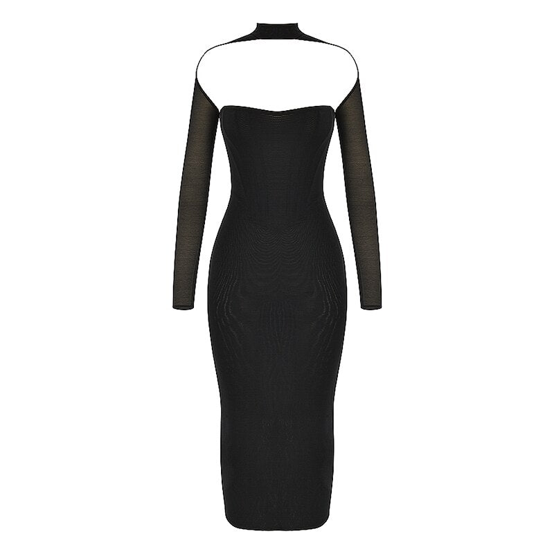 Romildi New Mesh Transparent Women Dresses Double Layer Sexy Elegant Slim Bodycon Party Outfit Knee Length Pleated Evening Dress