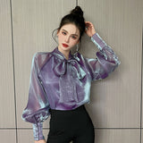 New Arrival Spring Summer Korean Style Women Loose Casual Bow Long Sleeve Blouse All-matched Vintage Mesh Shirts