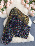 Fall  New Product Oblique Collar T-shirt Strapless Unilateral Puff Sleeve Slim Fit Short Sequined Top HK102 womens clothing