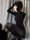 Drawstring Bodycon Women Mini Dresses Y2k Punk Black Split Sexy Long Sleeve Dress Grunge Basic Partywear