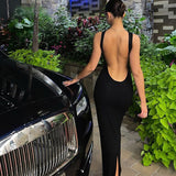 Fashion Sexy O-neck Backless Long Maxi Evening Dresses Women Hollow Out Sleeveless Split Bodycon Party Dress for New Year