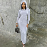 Hooded Long Sleeve Split Maxi Dresses for Womens Street Fashion  Basic Bodycon Dress Grey Black D17-DZ32