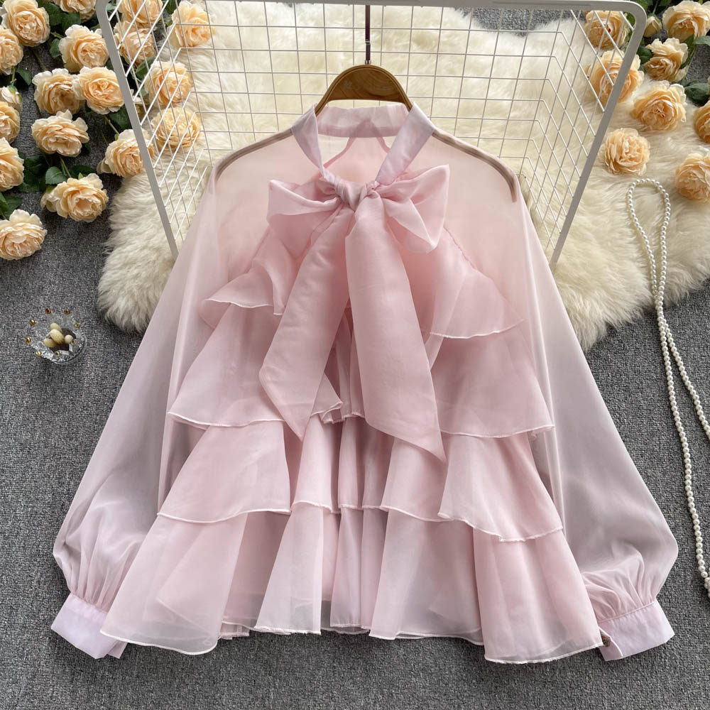 Romildi  spring fashion French Spring Summer New Style Ruffles Edge Gentle Sweet Style Long-sleeved Chic Fairy Blouse Top Women Blusas Mujer