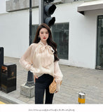 New Arrival Spring Summer Korean Style Women Loose Casual Bow Long Sleeve Blouse All-matched Vintage Mesh Shirts