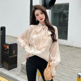 New Arrival Spring Summer Korean Style Women Loose Casual Bow Long Sleeve Blouse All-matched Vintage Mesh Shirts